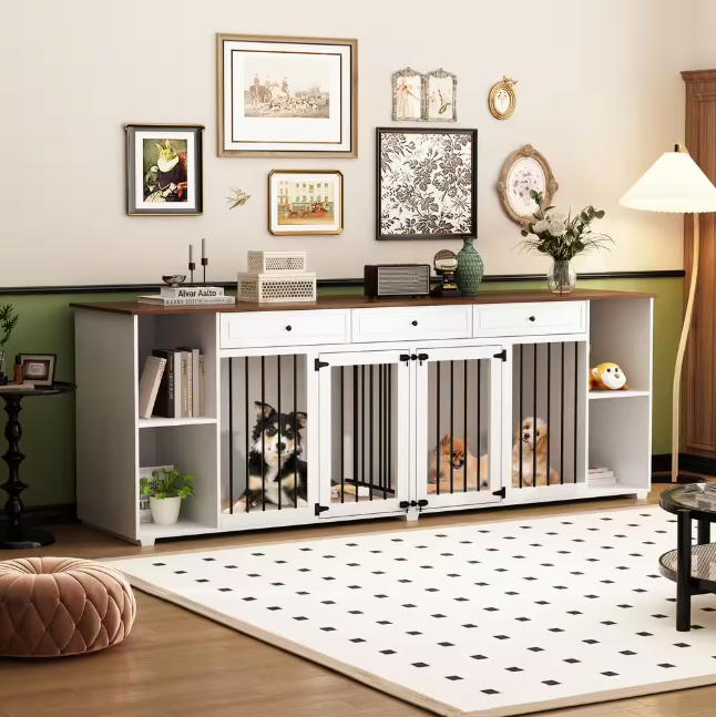 XL Wooden Dog Crate Furniture: Double kennel for 2 dogs with dividers and 3 drawers. Stylish and functional for indoor use!