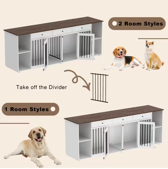 XL Wooden Dog Crate Furniture: Double kennel for 2 dogs with dividers and 3 drawers. Stylish and functional for indoor use!