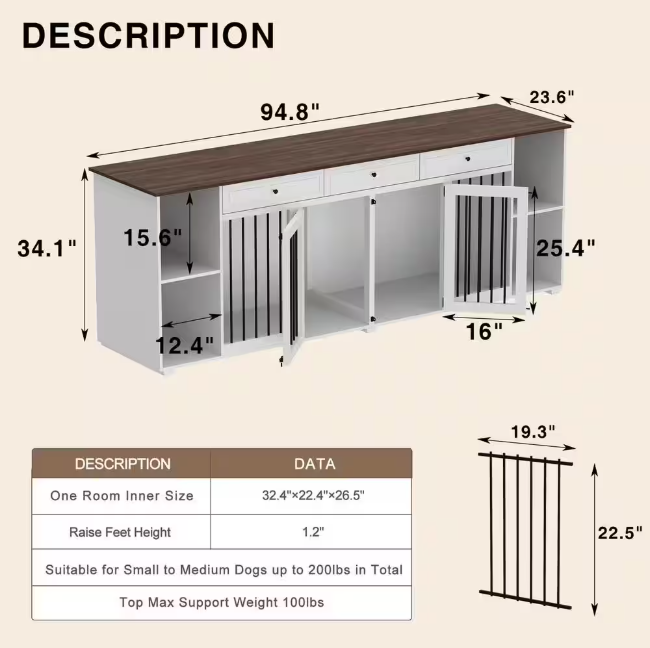 XL Wooden Dog Crate Furniture: Double kennel for 2 dogs with dividers and 3 drawers. Stylish and functional for indoor use!