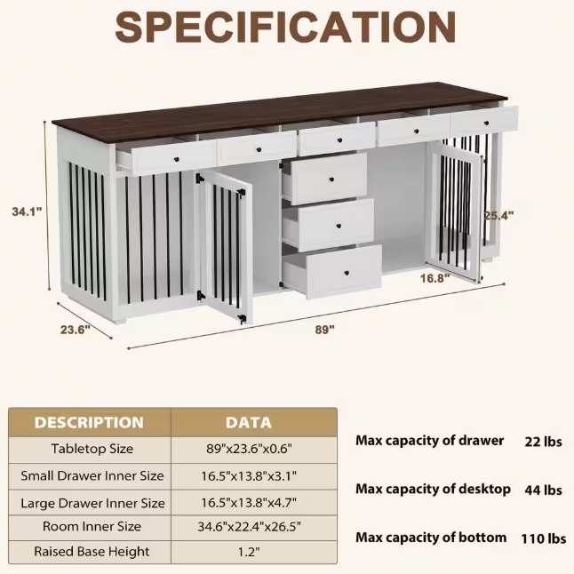 XL Indoor Wooden Dog Cage: Heavy-duty furniture style with 8 drawers, perfect for large dogs!