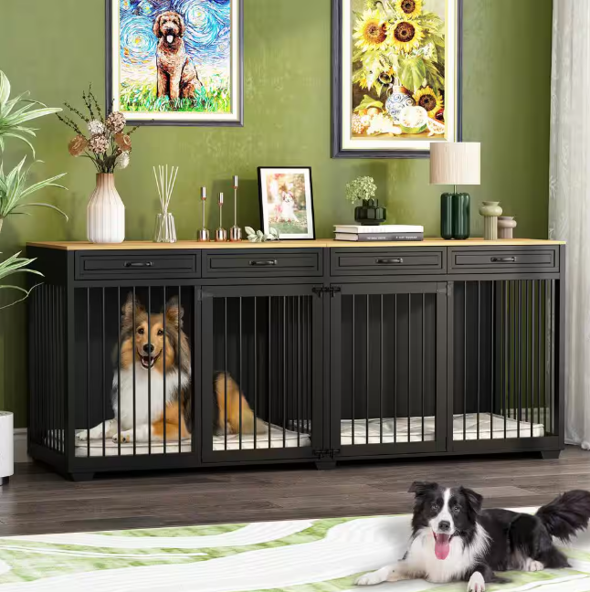 92.9" XL Wooden Dog Cage: Indoor furniture style with 4 drawers and dividers, perfect for large dogs!