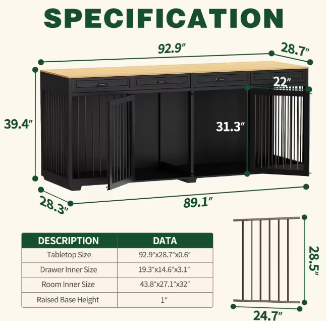 92.9" XL Wooden Dog Cage: Indoor furniture style with 4 drawers and dividers, perfect for large dogs!