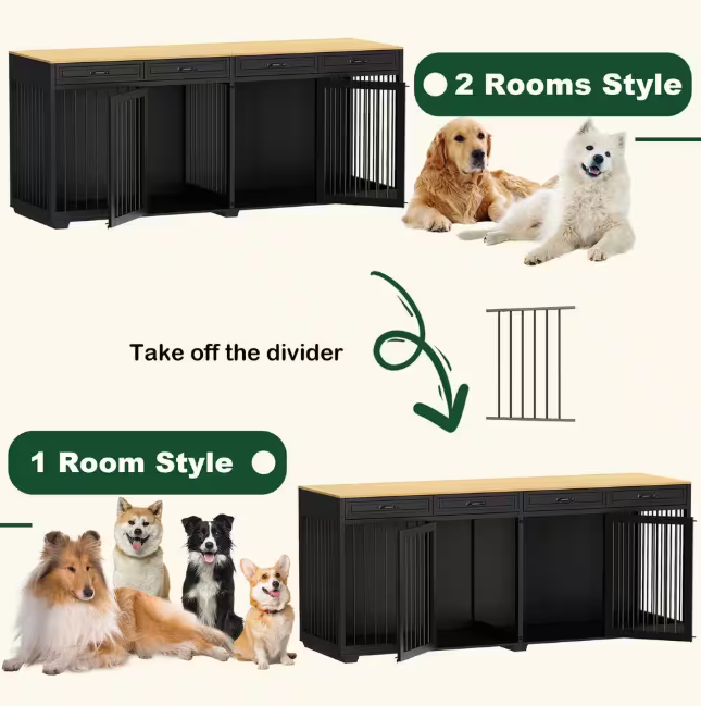 92.9" XL Wooden Dog Cage: Indoor furniture style with 4 drawers and dividers, perfect for large dogs!