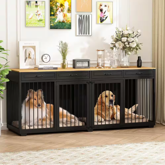 92.9" XL Wooden Dog Cage: Indoor furniture style with 4 drawers and dividers, perfect for large dogs!