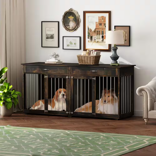 Large Wooden Dog House: Furniture-style crate with drawers and divider, featuring a dark tiger-skin finish.