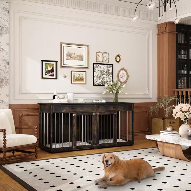 Large Wooden Dog House: Furniture-style crate with drawers and divider, featuring a dark tiger-skin finish.