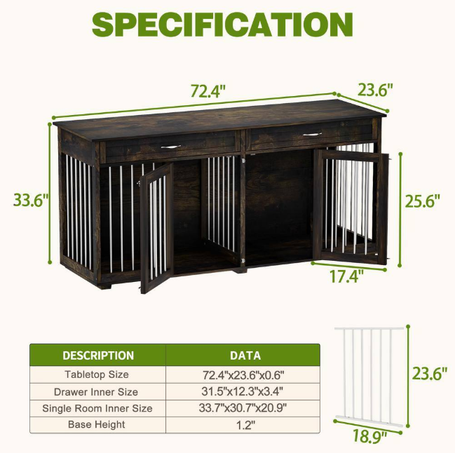 Large Wooden Dog House: Furniture-style crate with drawers and divider, featuring a dark tiger-skin finish.