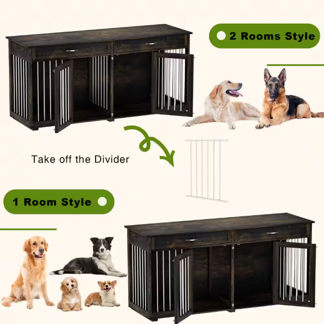 Large Wooden Dog House: Furniture-style crate with drawers and divider, featuring a dark tiger-skin finish.