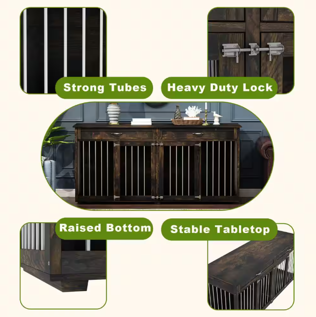 Large Wooden Dog House: Furniture-style crate with drawers and divider, featuring a dark tiger-skin finish.