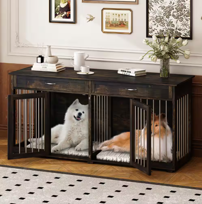 Large Wooden Dog House: Furniture-style crate with drawers and divider, featuring a dark tiger-skin finish.