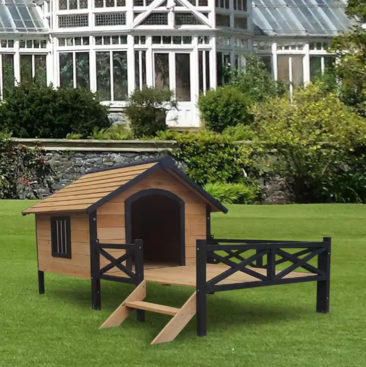 Metal and Wood Outdoor Dog Kennel: Large cabin-style design with porch, durable and stylish for your pet!