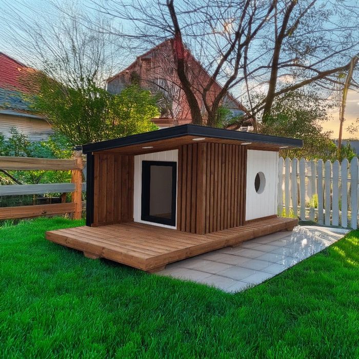 Thermally insulated dog kennel with underfloor heating and exterior LED lighting.