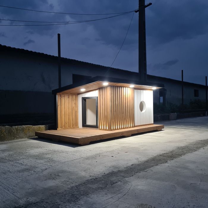 Thermally insulated dog kennel with underfloor heating and exterior LED lighting.