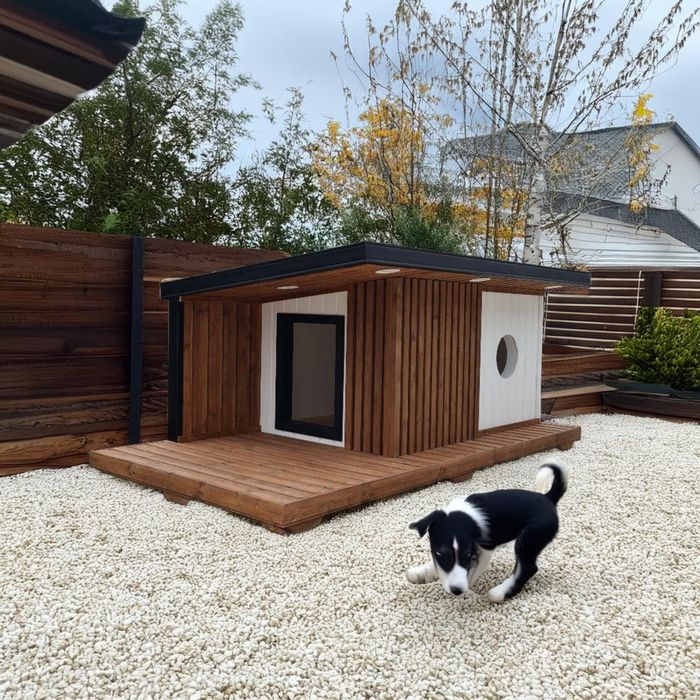 Thermally insulated dog kennel with underfloor heating and exterior LED lighting.