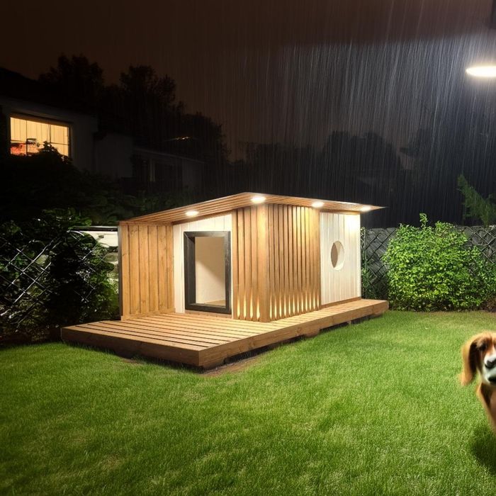 Thermally insulated dog kennel with underfloor heating and exterior LED lighting.