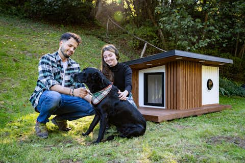 Thermally insulated dog kennel with underfloor heating and exterior LED lighting.